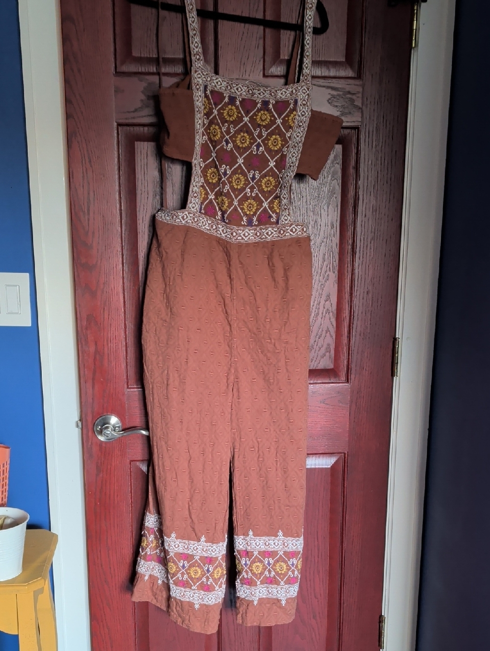 Anthropologie Brown Embroidered Floral Jumpsuit with Multicolor Tube Bodice. XL